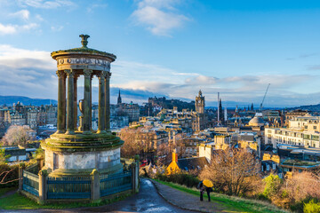 Panoramic city views of Edinburgh from Calton Hill. Scotland
