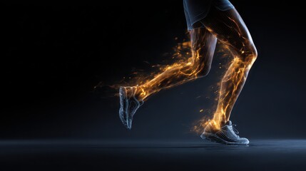 Sport. Runner. Side view of a jogger legs with the power in the veins isolated on black. Fire and energy.