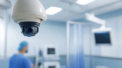 A security camera surveys a sterile environment. The camera, mounted on the ceiling, overlooks a modern operating room, highlighting medical innovation and advanced technology.