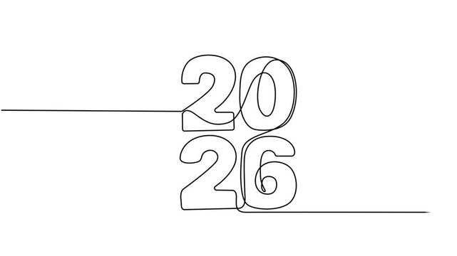 2026 year continuous line art clip self drawing animation on white black background. vertically single one line art outline illustration 2026 year numbers video.