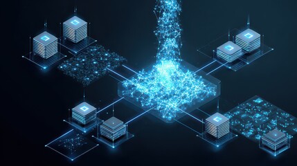 Big data technology and data science illustration. Data flow concept. Querying, analysing, visualizing complex information. Neural network for artificial intelligence. Data mining.