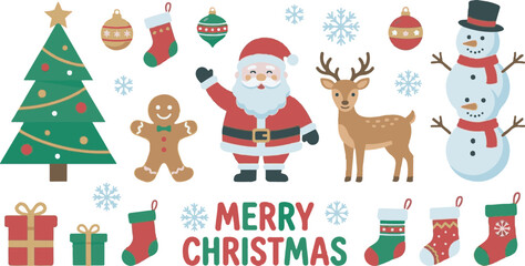 Flat Christmas character and element collection, cute Santa Claus, reindeer, and snowman with festive icons on white background