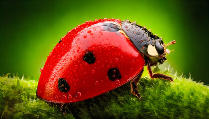 A macro shot of water droplets on a green branch and a beautiful ladybug.