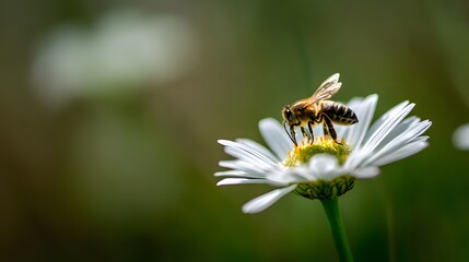 A close-up shot of a bee pollinating a white daisy flower in a garden setting.