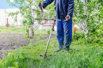 Gardening Maintenance Man Using String Trimmer in Lush Green Environment for Lawn Care and Weed Control