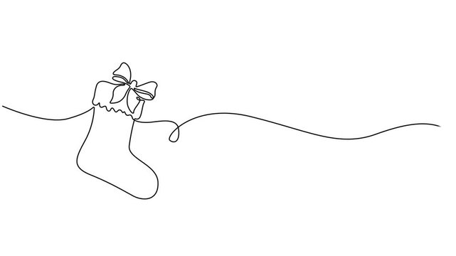 Animated self drawing of Christmas stocking in one continuous line on a white background. Christmas and New Year vector illustration. Christmas concept. Minimalistic style.