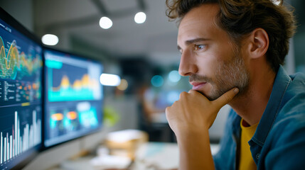 Faceless data analyst reviewing historical data trends, defocused temporal analysis, time-series examination, longitudinal information study, retrospective data evaluation moment, 