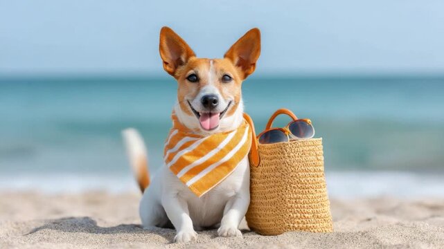 Happy dog with orange bandana sitting on beach sand next to beach bag and sunglasses under bright blue sky 4k video footage