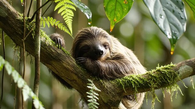 Cute sloth resting peacefully on a moss-covered tree branch surrounded by lush green rainforest vegetation