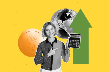 Obraz premium 3d banner image pop photo collage of excited businesswoman accountant hold calculator arrow progress earth coin dollar profit