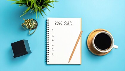 2026 Goals notebook with coffee and trophy on blue background