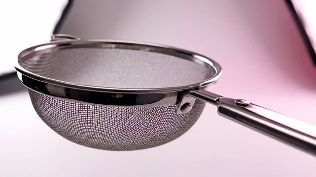 Close-up of a metal sieve with a handle, kitchen utensil for sifting ingredients.