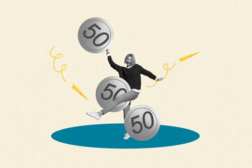 Sketch template design photo collage of young woman smile success dance three coins rich earnings...