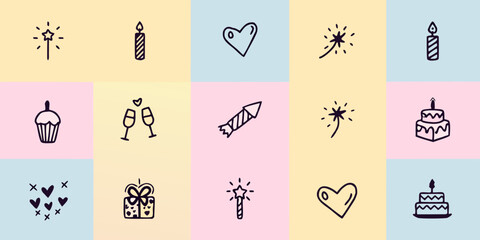 Celebratory icons birthday candles hearts cupcakes and festive elements design