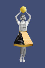 Trend artwork composite 3D photo collage design of young lady stand hand up hold coin earnings...