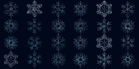 A collection of intricate blue toned snowflake illustrations on a dark background