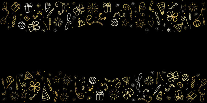 Festive golden doodles and sketches adorn a black background creating a celebratory border