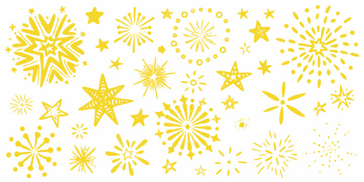 A playful collection of hand drawn yellow stars and sparkling firework bursts