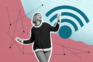 Full image pop contemporary photo collage of happy girl dance 5g cyber technology wlan innovation...