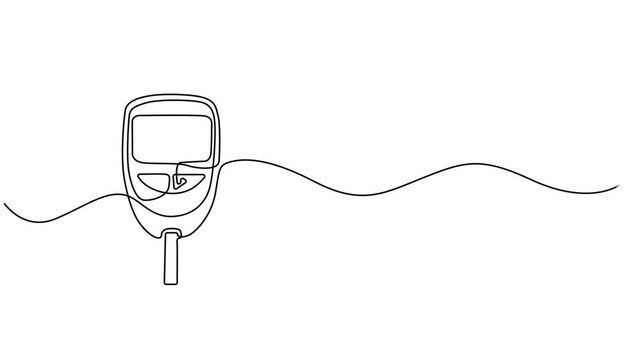 Sugar meter continuous one line drawing animation. Glucometer pharmacy equipment animation video, Animated self drawing of continuous line draw Blood sugar meter. One continuous line drawing of Blood.