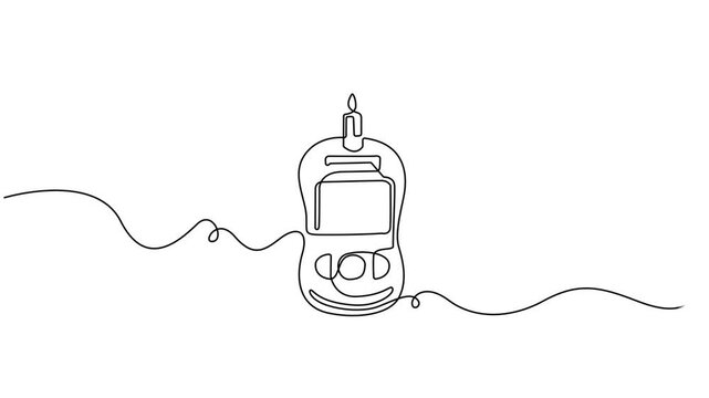 Sugar meter continuous one line drawing animation. Glucometer pharmacy equipment animation video, Animated self drawing of continuous line draw Blood sugar meter. One continuous line drawing of Blood.