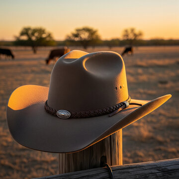 Cowboy hat resting on wooden post with sunset background and grazing cattle