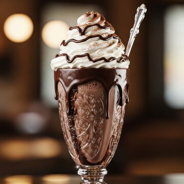 Delicious chocolate dessert drink with whipped cream in elegant glass