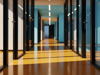 Modern office hallway with glass walls and wooden floor