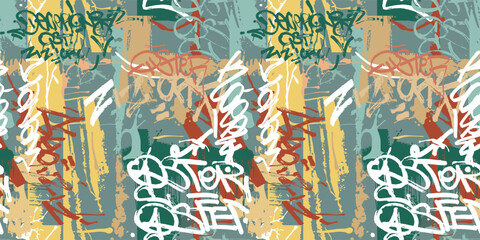 Abstract graffiti colors tags texture. Multicolored calligraphic inscriptions on dirty grunge background collage. Seamless hand-drawn style street art pattern. Vector wallpaper © Юрий Парменов