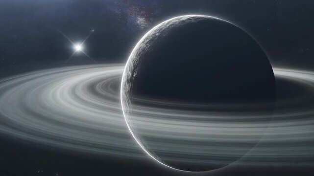 Cinematic black hole or planet with rings consuming a star in deep space