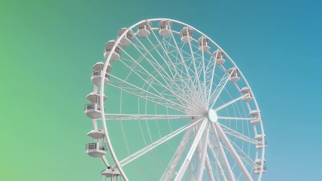 White Ferris wheel slowly rotating against a light blue-green gradient background