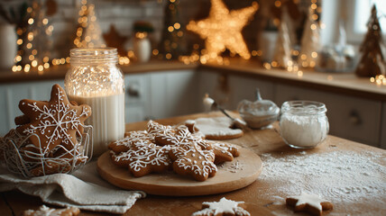 Fototapeta premium Cozy kitchen scene with gingerbread cookies being decorated, flour and icing on the counter, festive vibes