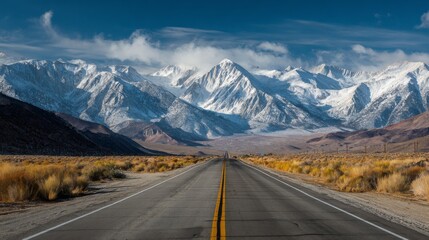 Fototapeta premium Majestic Snow-Capped Mountains Surrounding Open Road Under Clear Blue Sky Nature Landscape Scenic View