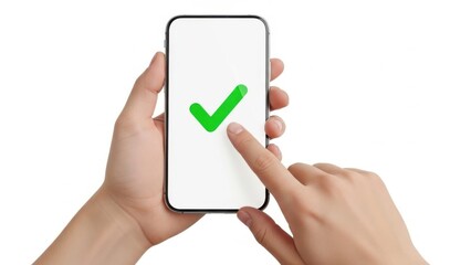 Hand holding smartphone displaying a green checkmark icon on the screen