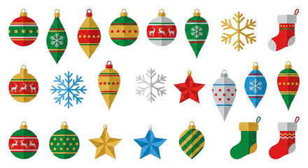Christmas Ornaments Set &ndash; Flat Holiday Decorations with Baubles, Snowflakes, Stars & Socks Transparent PNG