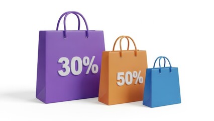 Three colorful shopping bags representing discount sales of 30% and 50% on a white background
