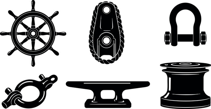 Black silhouette set of six nautical marine metal ship hardware parts with hooks cleat shackle and steering wheel vector art icons
