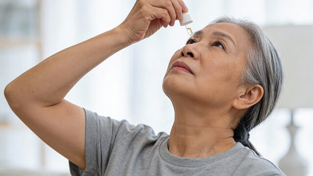 A senior woman with grey hair carefully applies eye drops using a pipette, focusing on her vision health and daily medical routine at home