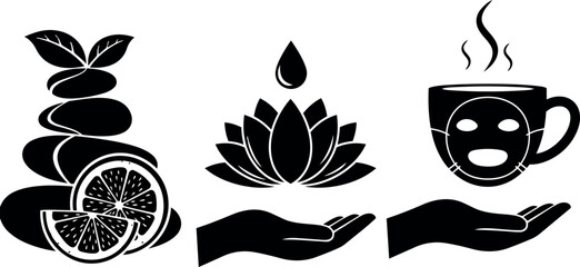 Black silhouette spa icons including stacked stones with sliced citrus hand offering lotus flower and steaming tea cup in vector art style