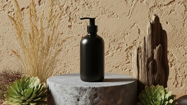 Minimalist display of a black pump bottle amidst natural textures and earthy tones
