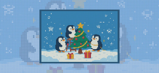 Whimsical Halftone Penguins Decorate a Christmas Tree in a Snowy Landscape Poster Design