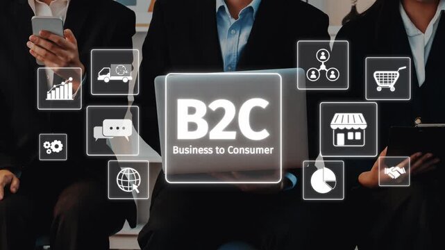 This image depicts professionals engaging with technology, highlighting the business to consumer model through digital tools and marketing strategies for effective communication. Raster