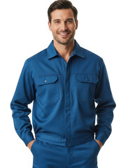 Happy mechanic in blue overalls isolated on transparent background