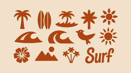 Fototapeta premium Vibrant Brown Surf Icons with Tropical Elements and Sun