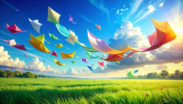 Semi realistic scene of colorful paper sheets playfully floating in the wind over a green field under a bright blie sky, creating a cheerful and whimsical atmosphere