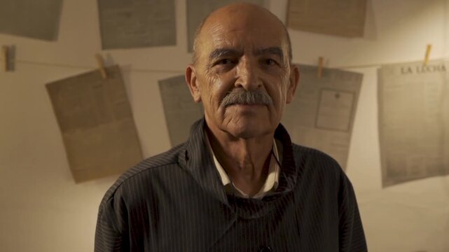 
Portrait of a worker at an old printing press where newspapers are made