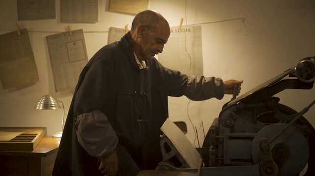 Man works printing newspapers in an old printing press from the beginning of the century