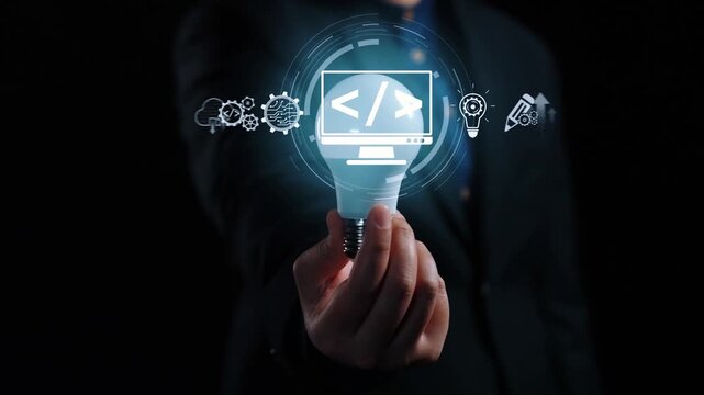 Modern web development concept featuring coding symbols, web development process, web development interface, and web development tools with futuristic design. Elide