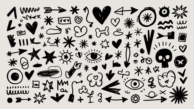 Diverse Black and White Doodle Icons and Symbols Collection