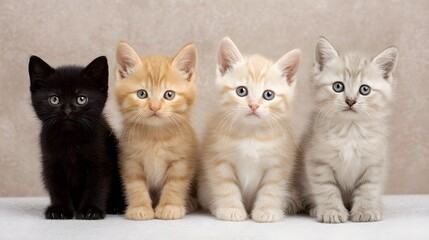 Adorable Kittens in a Row - A Charming Portrait of Four Playful Felines with Different Colors and Patterns.